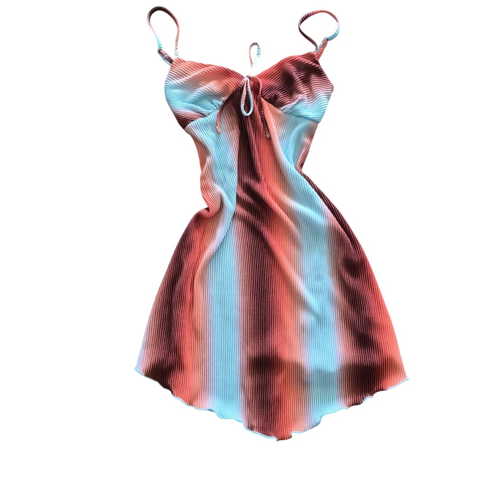 No Boundaries Ombre Plisse Mini Dress Turquoise Orange Brown XXS 00 Lettuce Edge